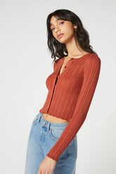 Forever 21 Knit Women's Lettuce-Edge Cardigan Sweater Clay