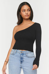 Forever 21 Women's One-Shoulder Sweater-Knit Top Black