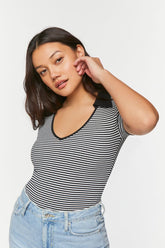 Forever 21 Women's Striped V-Neck Sweater-Knit Bodysuit Black/White