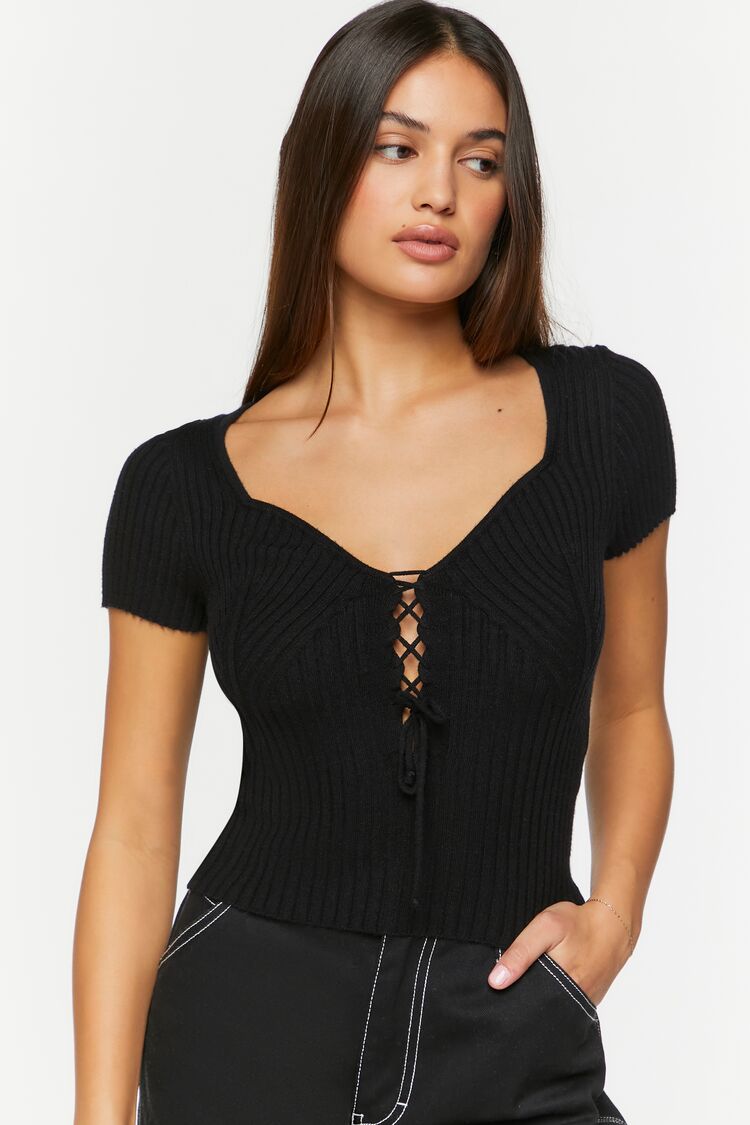 Forever 21 Knit Women's Sweetheart Lace-Up Sweater Top Black