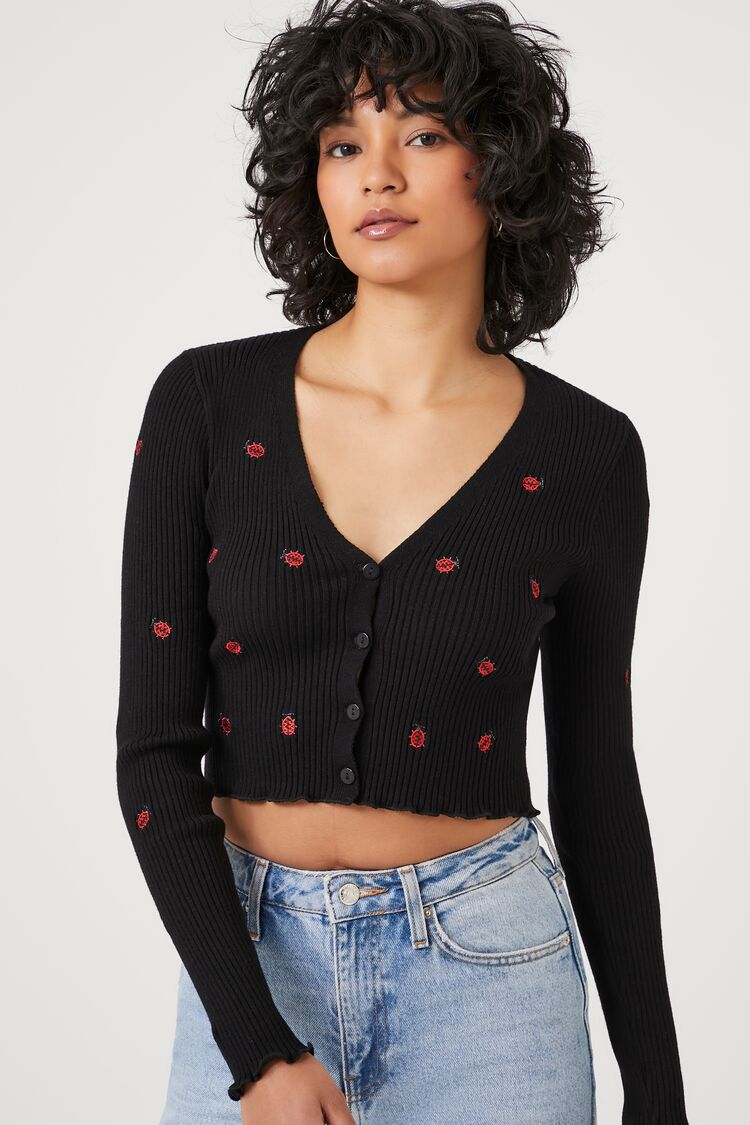 Forever 21 Knit Women's Ladybug Embroidered Cardigan Sweater Black/Multi