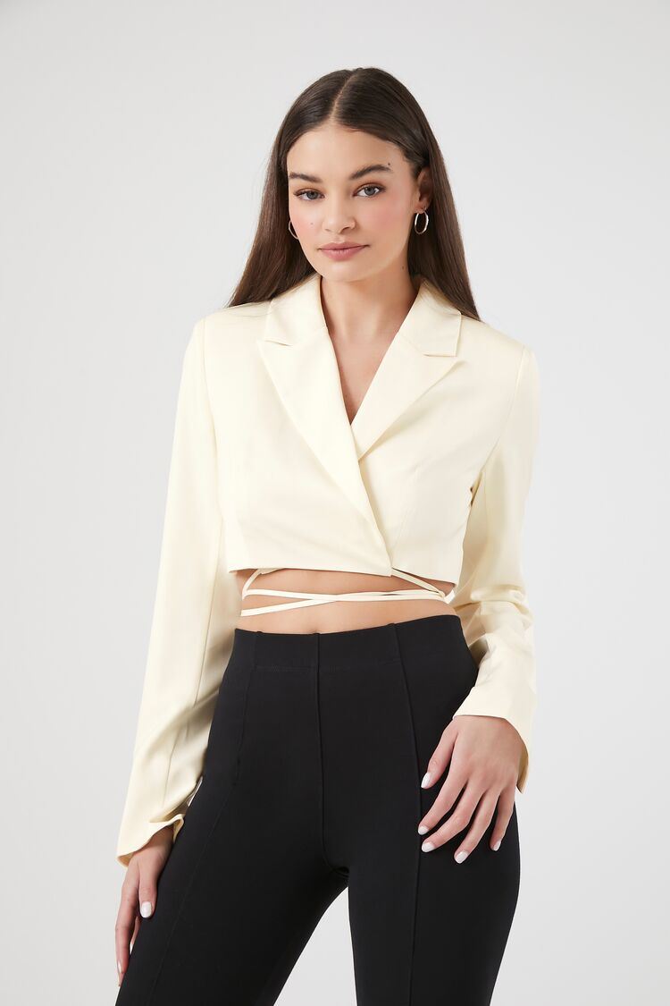 Forever 21 Women's Satin Wraparound Cropped Blazer Vanilla