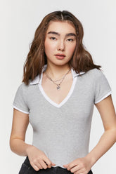 Forever 21 Women's V-Neck Cropped Polo Shirt Heather Grey/White