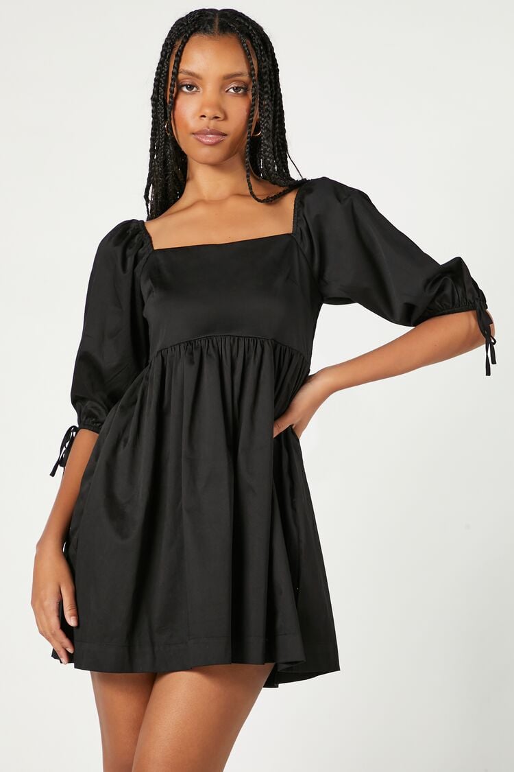 Forever 21 Women's Puff-Sleeve Babydoll Spring/Summer Dress Black