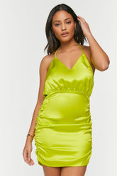 Forever 21 Women's Satin Ruched Halter Mini Dress Acid Green