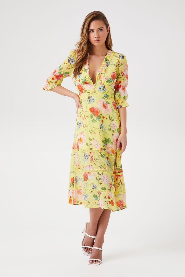 Forever 21 Women's Plunging Floral Chiffon Midi Spring/Summer Dress Yellow/Multi