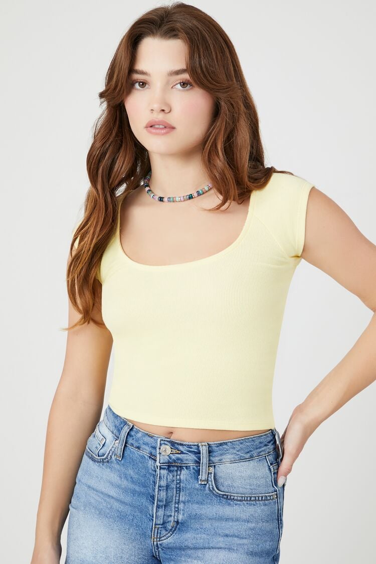 Forever 21 Women's Ribbed Cap Sleeve Crop Top Light Yellow