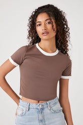 Forever 21 Women's Cropped Ringer T-Shirt Brown/White