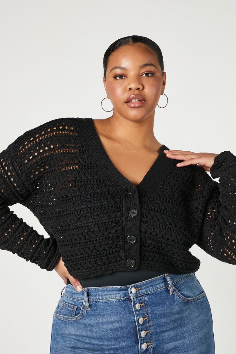 Forever 21 Knit Plus Women's Crochet Cardigan Sweater Black