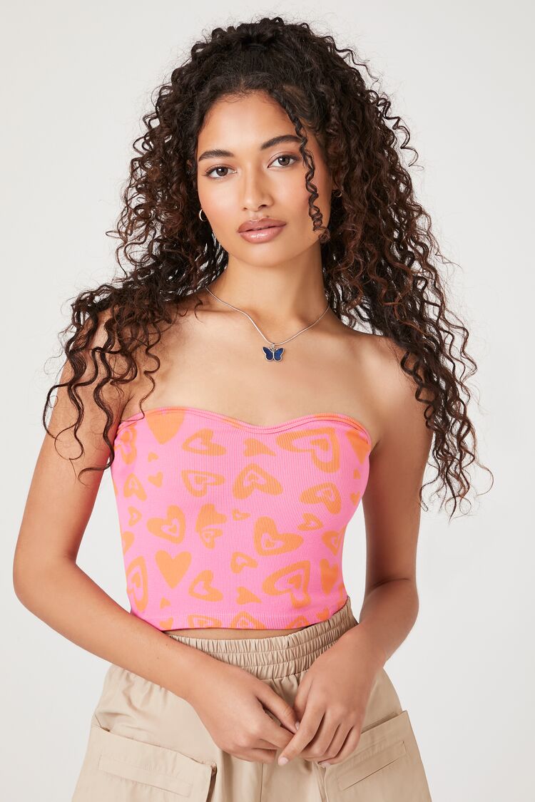 Forever 21 Women's Seamless Heart Print Tube Top Shocking Pink/Multi