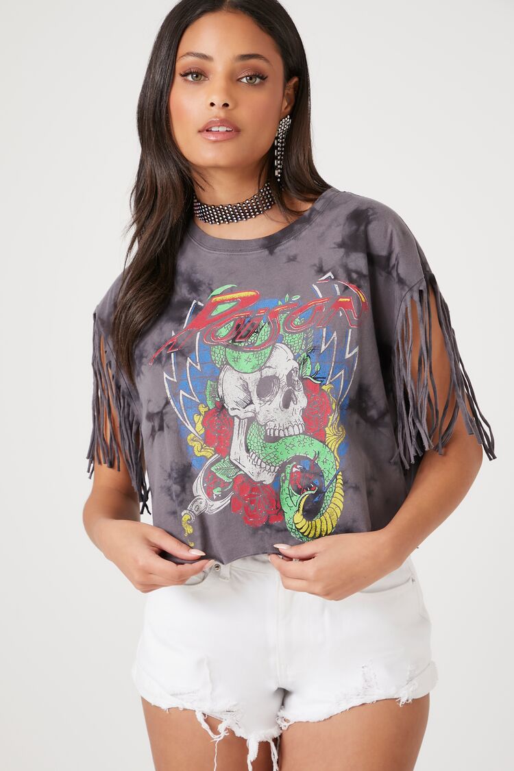 Forever 21 Women's Tie-Dye Poison Fringe Cropped T-Shirt Grey/Multi