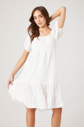 Forever 21 Women's Puff-Sleeve Tiered Babydoll Spring/Summer Dress White