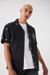 Forever 21 Men's Linen-Blend Short-Sleeve Embroidered Shirt Black/Multi