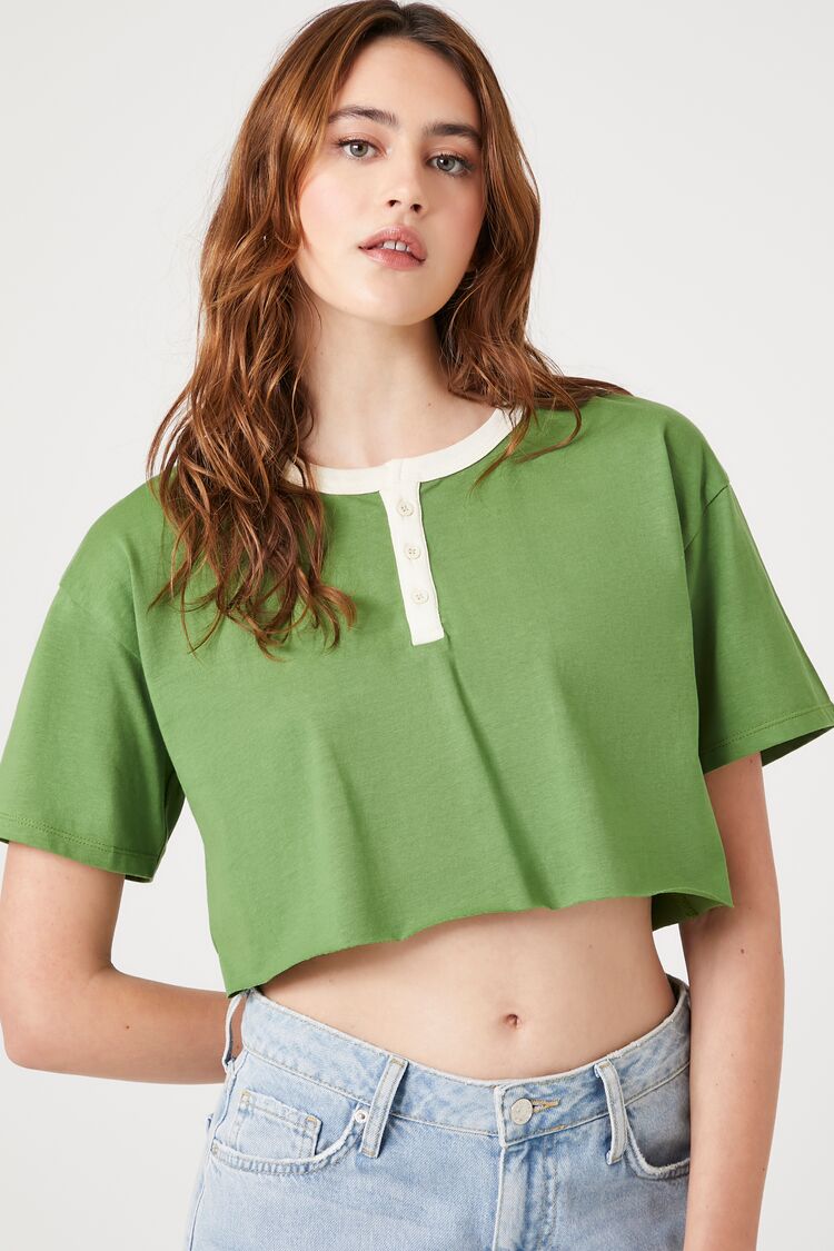 Forever 21 Women's Button-Front Cropped T-Shirt Avocado/Cream