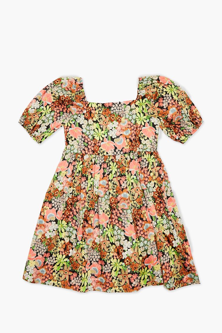 Forever 21 Girls Floral Print Puff-Sleeve Dress (Kids) Black/Multi