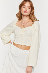 Forever 21 Women's Peasant-Sleeve Smocked Crop Top Vanilla