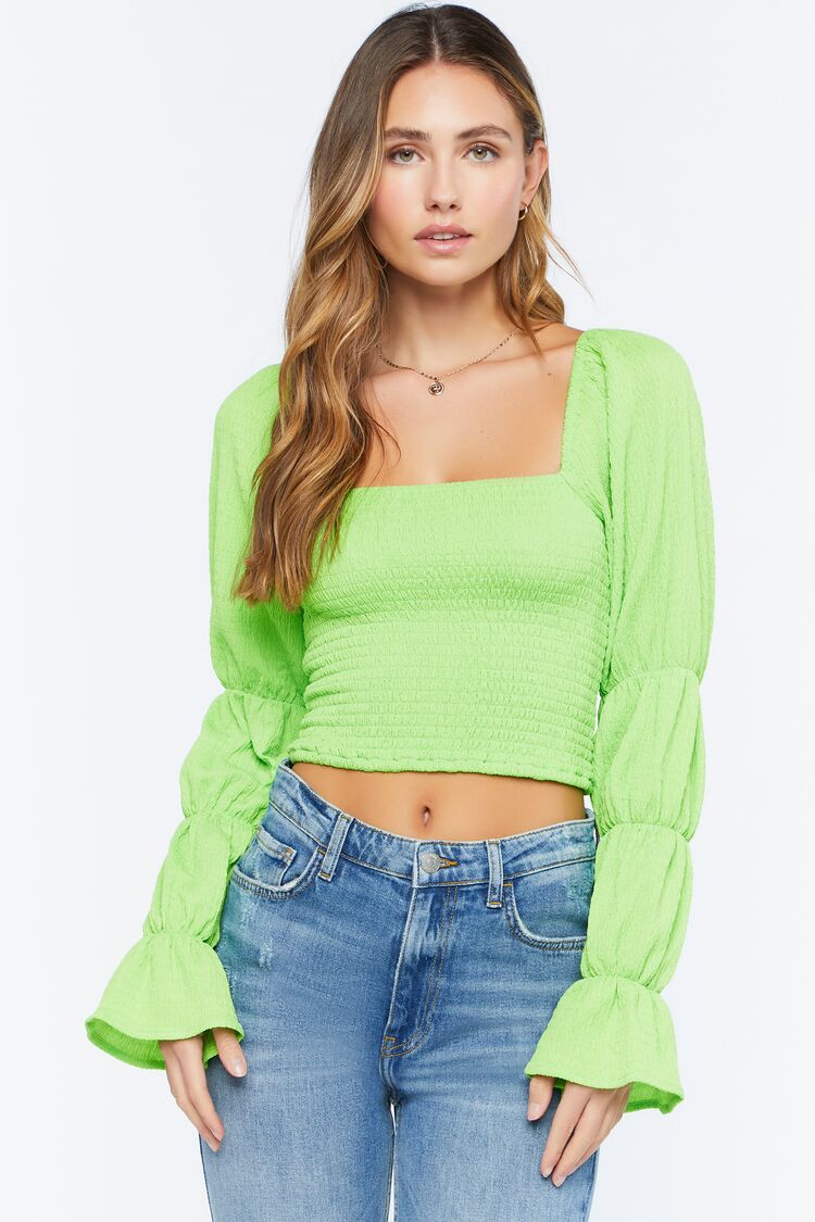 Forever 21 Women's Marie-Sleeve Smocked Crop Top Bright Green