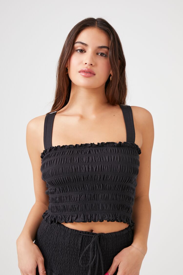 Forever 21 Women's Cotton Smocked Crop Top Black