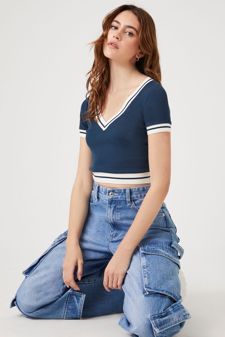 Forever 21 Women's Varsity-Striped Cropped T-Shirt Dark Navy/Vanilla