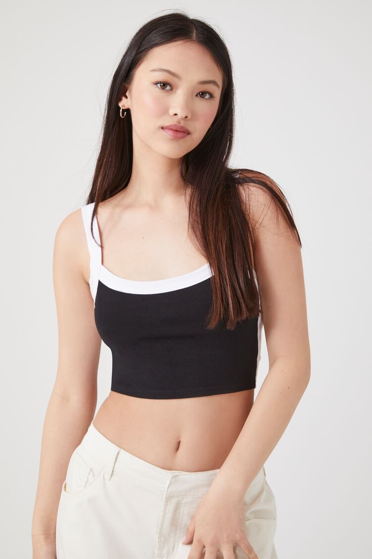 Forever 21 Women's Side-Striped Cropped Tank Top Black/White