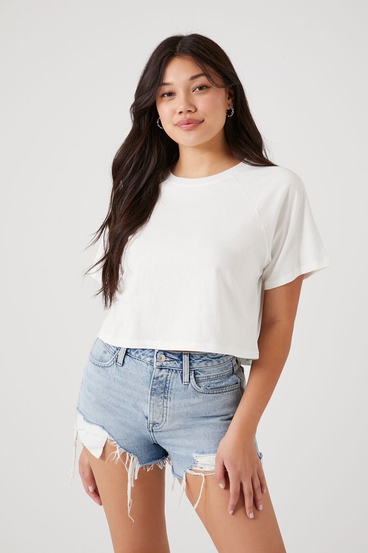 Forever 21 Women's Cropped Boxy Raglan T-Shirt White