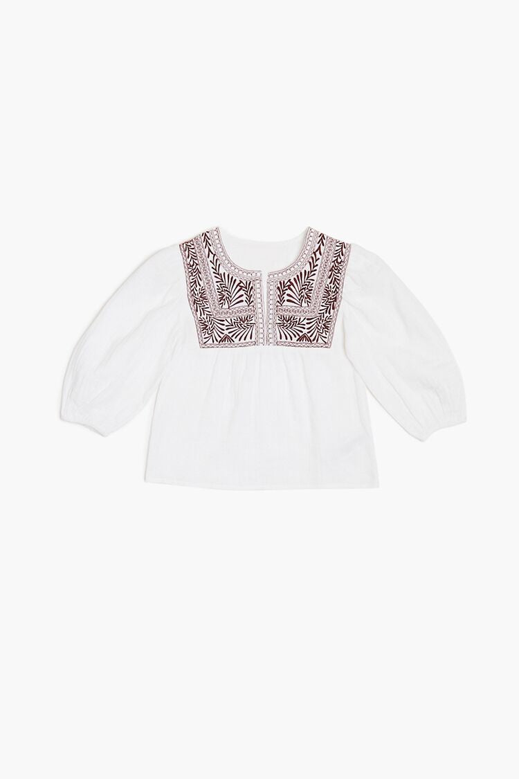 Forever 21 Girls Leaf Embroidered Top (Kids) White/Brown