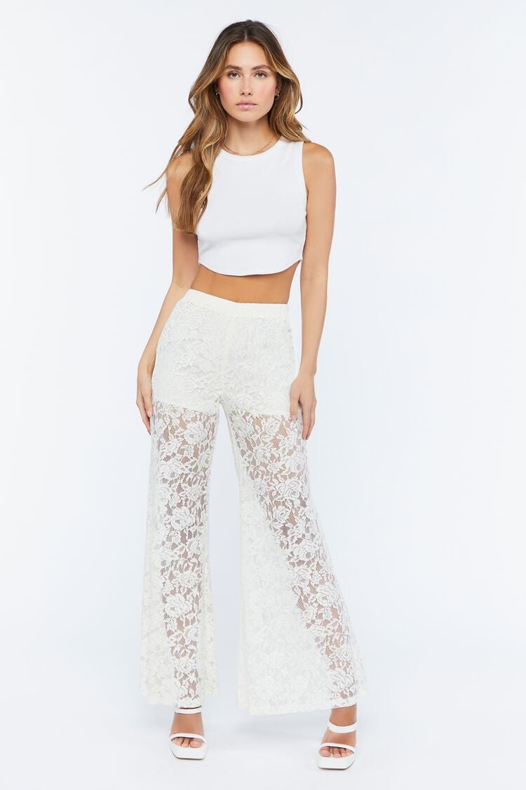 Forever 21 Women's Sheer Lace Flare Pants Cream