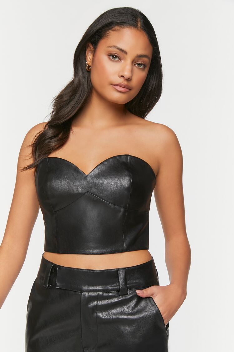 Forever 21 Women's Faux Leather/Pleather Cropped Tube Top Black