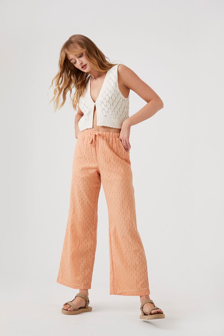 Forever 21 Women's Textured Drawstring Wide-Leg Pants Pale Peach