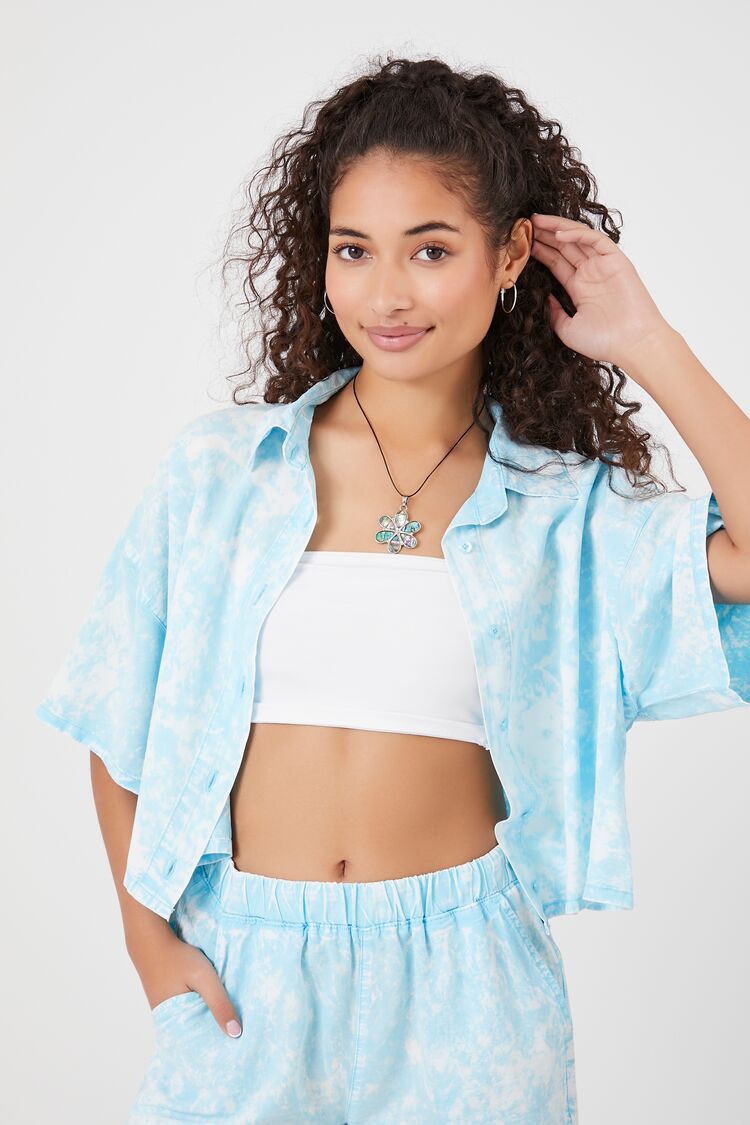 Forever 21 Women's Acid Wash Cropped Shirt Maui Blue