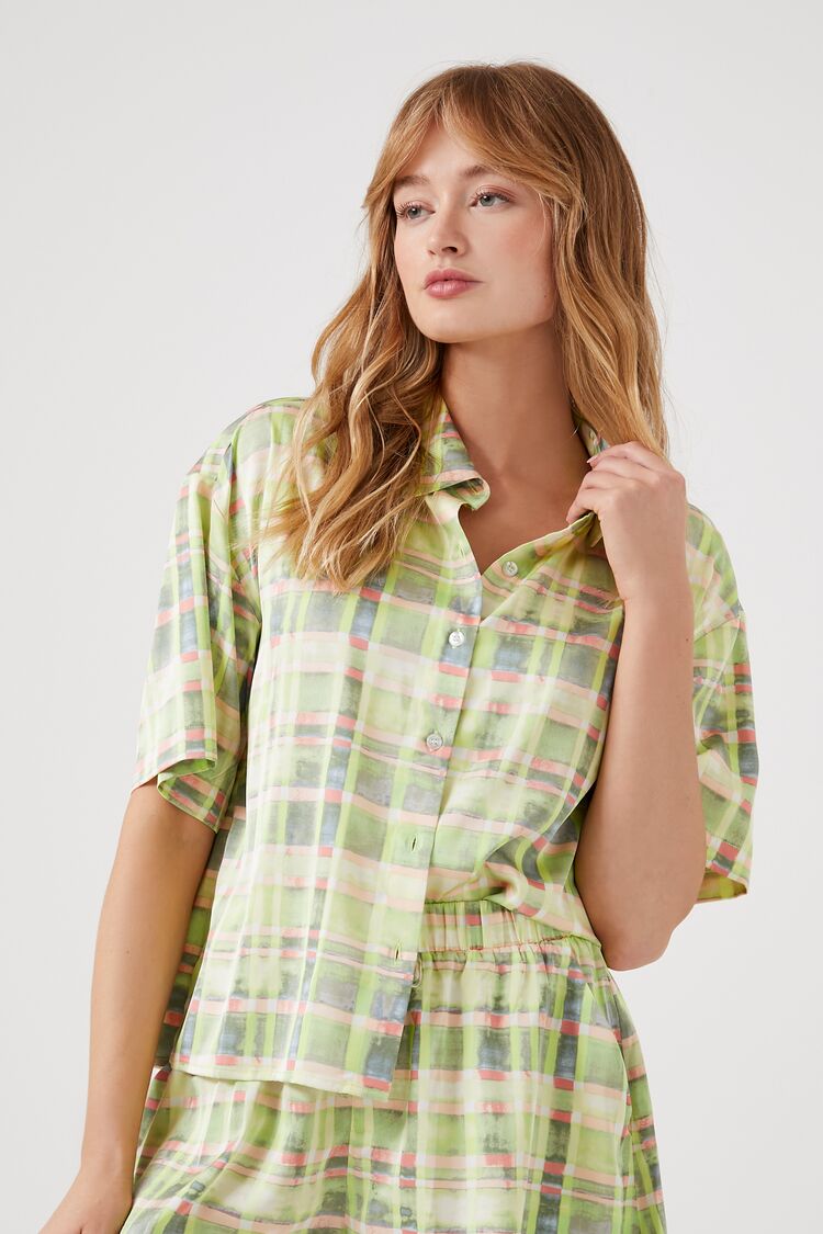 Forever 21 Women's Plaid Satin Short-Sleeve Shirt Lily Pad/Multi