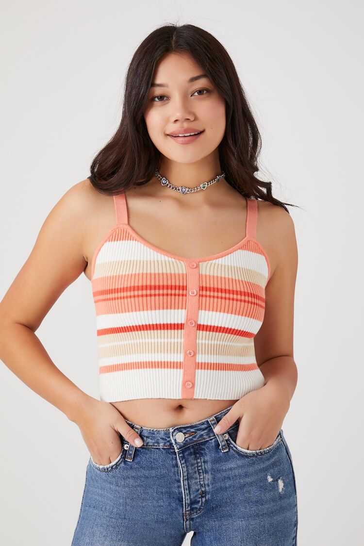 Forever 21 Women's Striped Sweater-Knit Tank Top Peach Bud/Multi