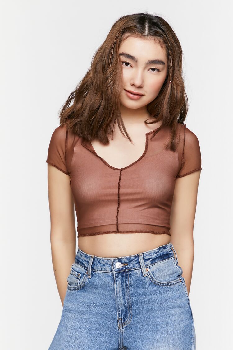 Forever 21 Women's Sheer Mesh Seamed Crop Top Brown