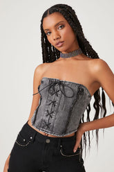 Forever 21 Women's Lace-Up Denim Tube Top Washed Black