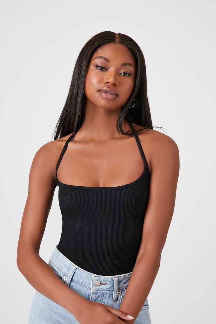 Forever 21 Women's Ribbed Halter Bodysuit Black