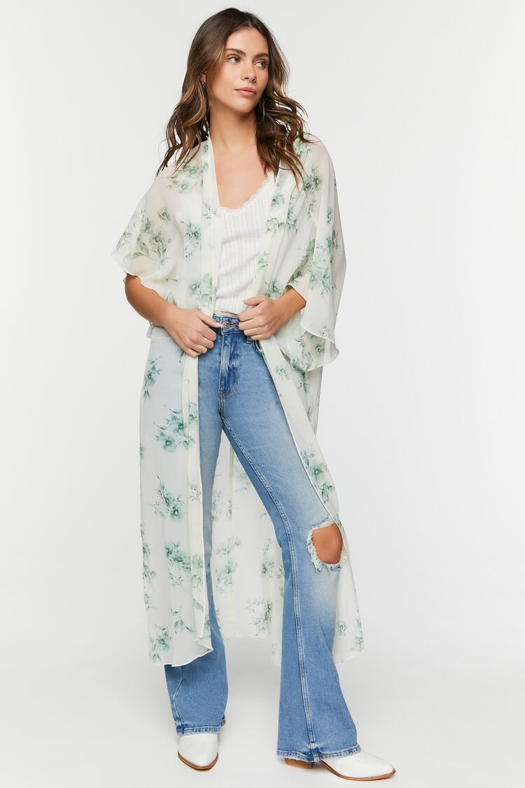 Forever 21 Women's Floral Print Butterfly-Sleeve Kimono Ivory/Sage