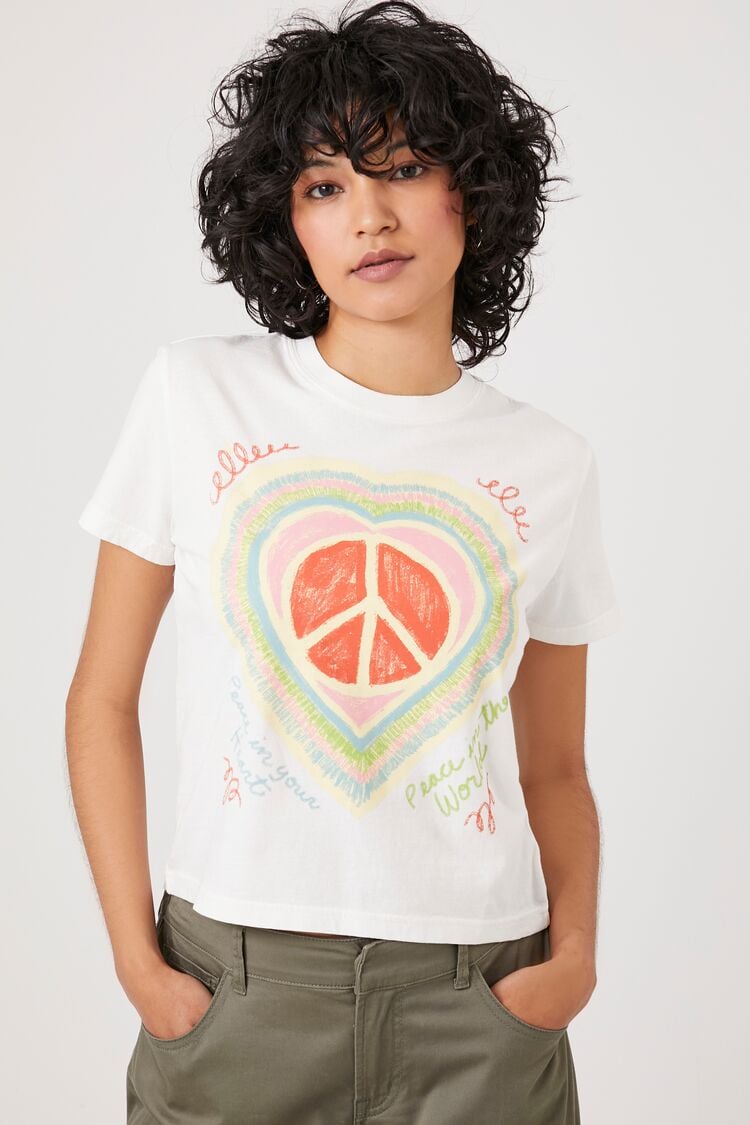 Forever 21 Women's Doodle Heart Peace Sign Baby T-Shirt White/Multi
