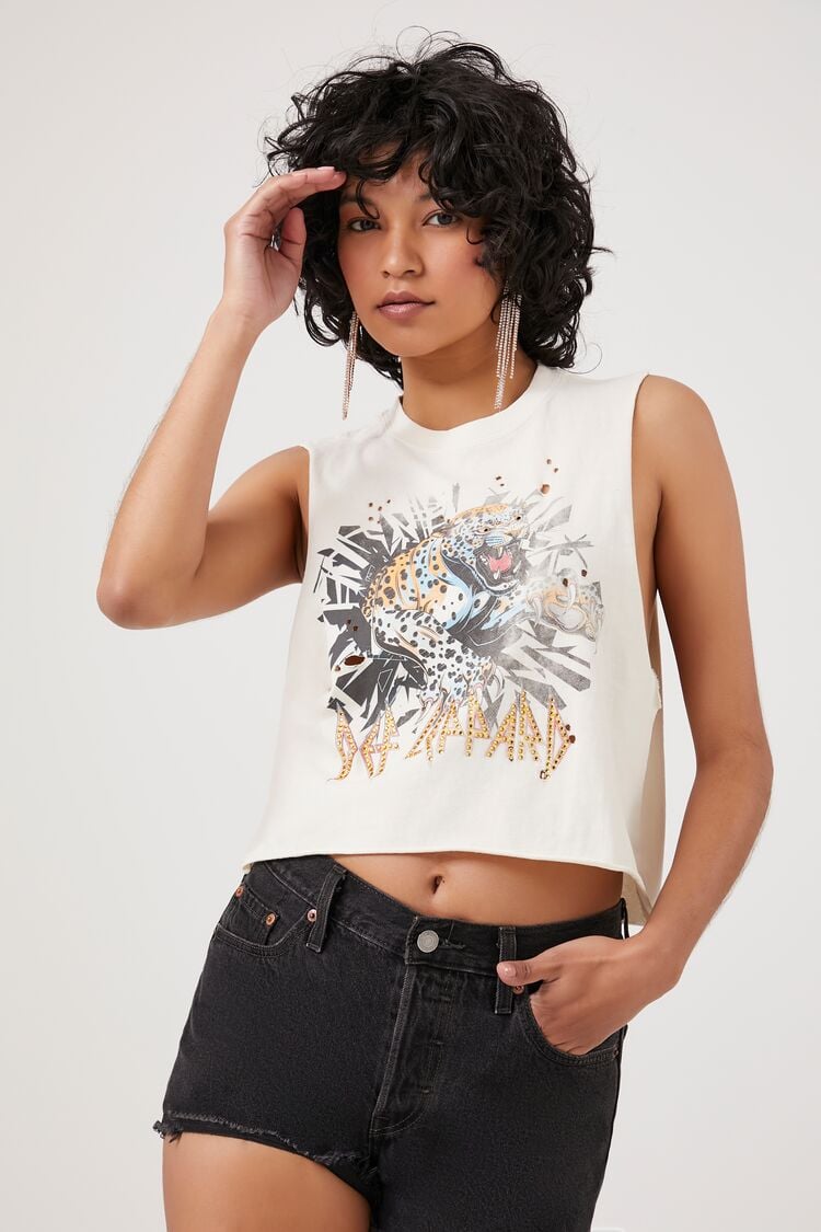 Forever 21 Women's Distressed Def Leppard Muscle T-Shirt Cream/Multi