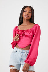 Forever 21 Women's Satin Peasant-Sleeve Crop Top Watermelon