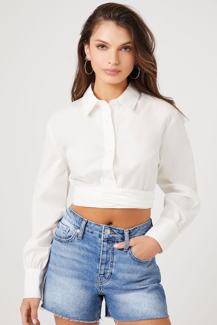 Forever 21 Women's Wraparound Cropped Shirt White