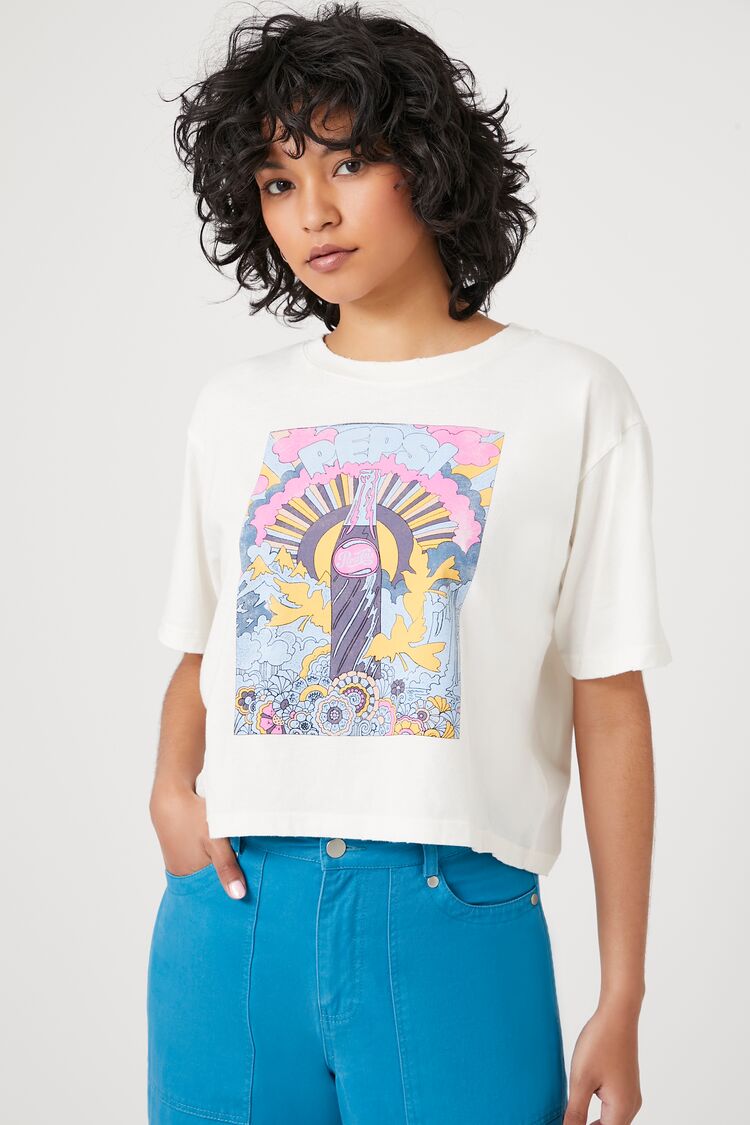 Forever 21 Women's Pepsi Graphic Cropped T-Shirt White/Multi