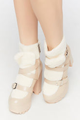 Forever 21 Women's Faux Leather/Pleather & Shearling/Sherpa Booties Nude