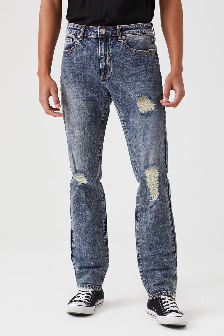 Forever 21 Men's Distressed Slim-Leg Jeans Medium Denim