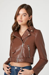 Forever 21 Women's Faux Leather/Pleather Cropped Moto Jacket Dark Brown