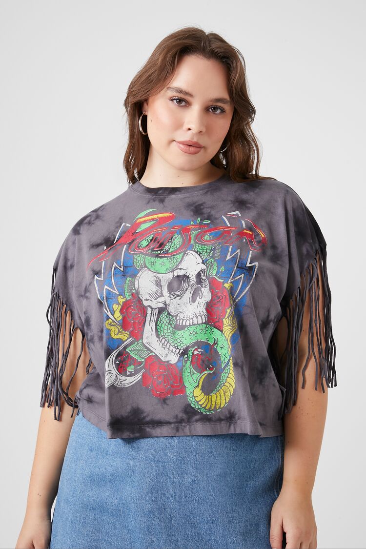 Forever 21 Plus Women's Tie-Dye Poison Graphic Fringe T-Shirt Black/Multi