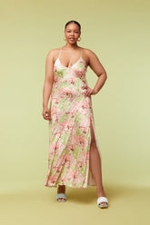 Forever 21 Plus Women's Satin Floral Maxi Long Dress Pink/Multi