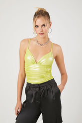 Forever 21 Women's Metallic Ruched Cami Bodysuit Acid Green