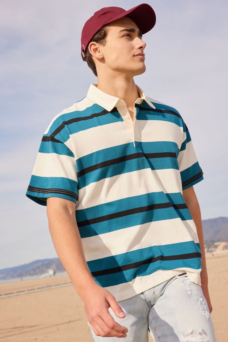 Forever 21 Men's Striped Polo Shirt Azure/Multi