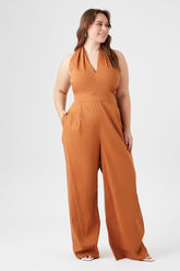 Forever 21 Plus Women's Poplin Halter Jumpsuit Brown