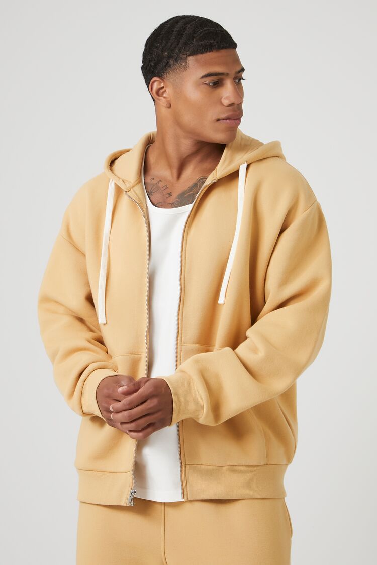 Forever 21 Men's Fleece Zip-Up Hoodie Sweatshirt Camel